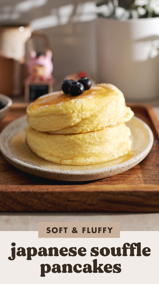 A stack of two Japanese souffle pancakes on a plate.