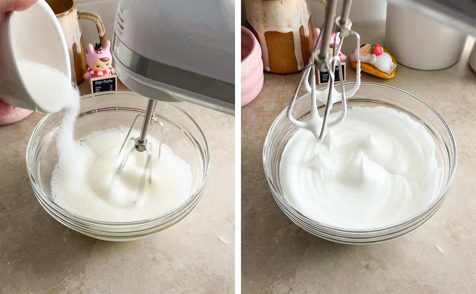 Left to right: sprinkling sugar into egg whites wile beating with a hand mixer, pulling a hand mixer out of a bowl of meringue to show stiff peaks.