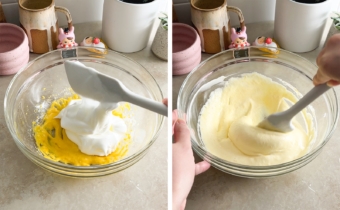 Left to right: dropping dollops of meringue into a bowl of egg yolk mixture, folding souffle pancake batter with a spatula.