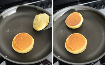 Left to right: flipping a souffle pancake in a pan with a spatula, two golden brown pancakes in a pan.