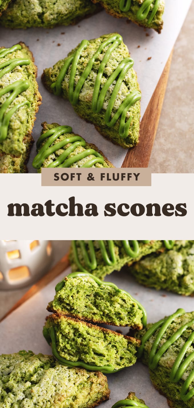 Two images of matcha scones with a text overlay that reads "soft and fluffy matcha scones".