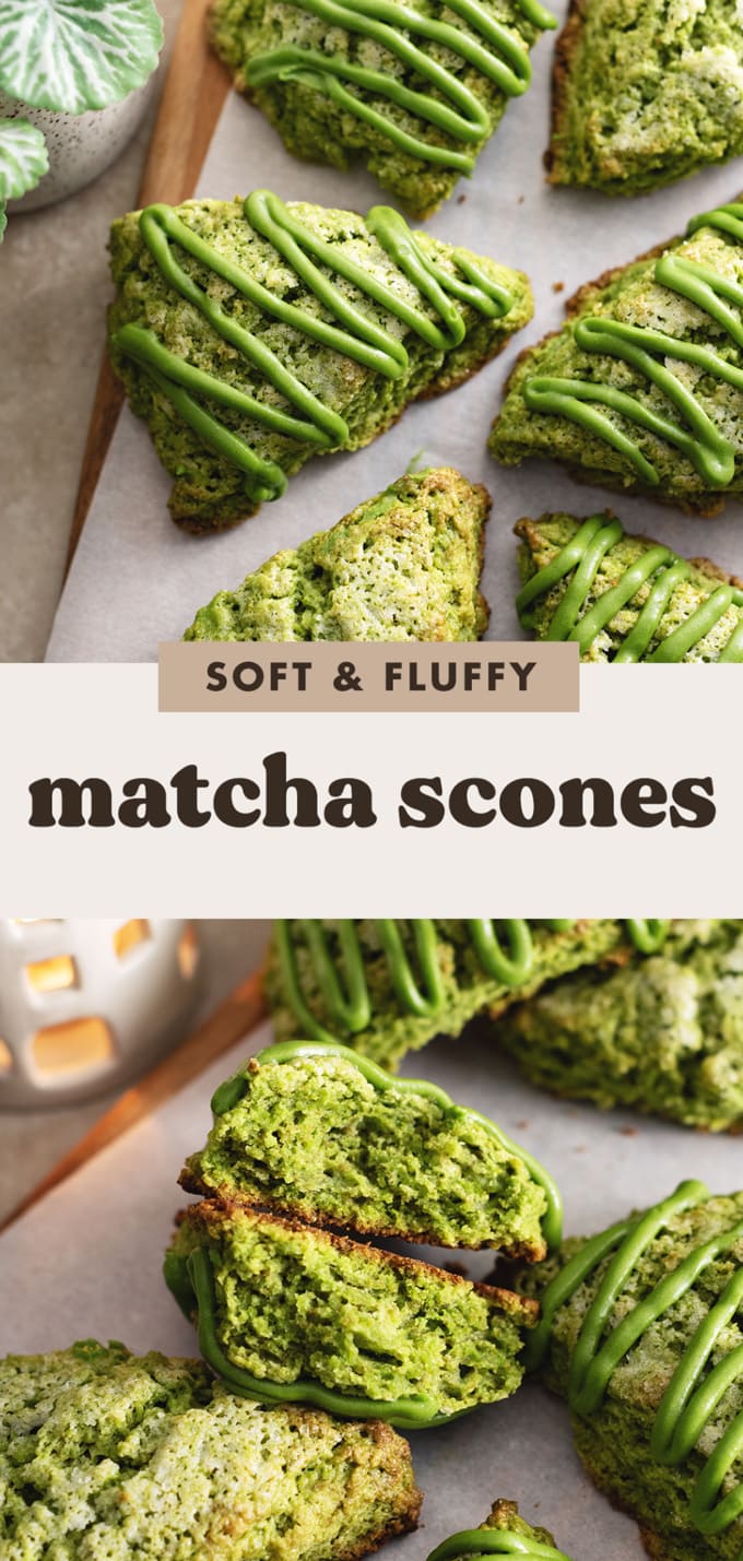 Two images of matcha scones with a text overlay that reads "soft and fluffy matcha scones".
