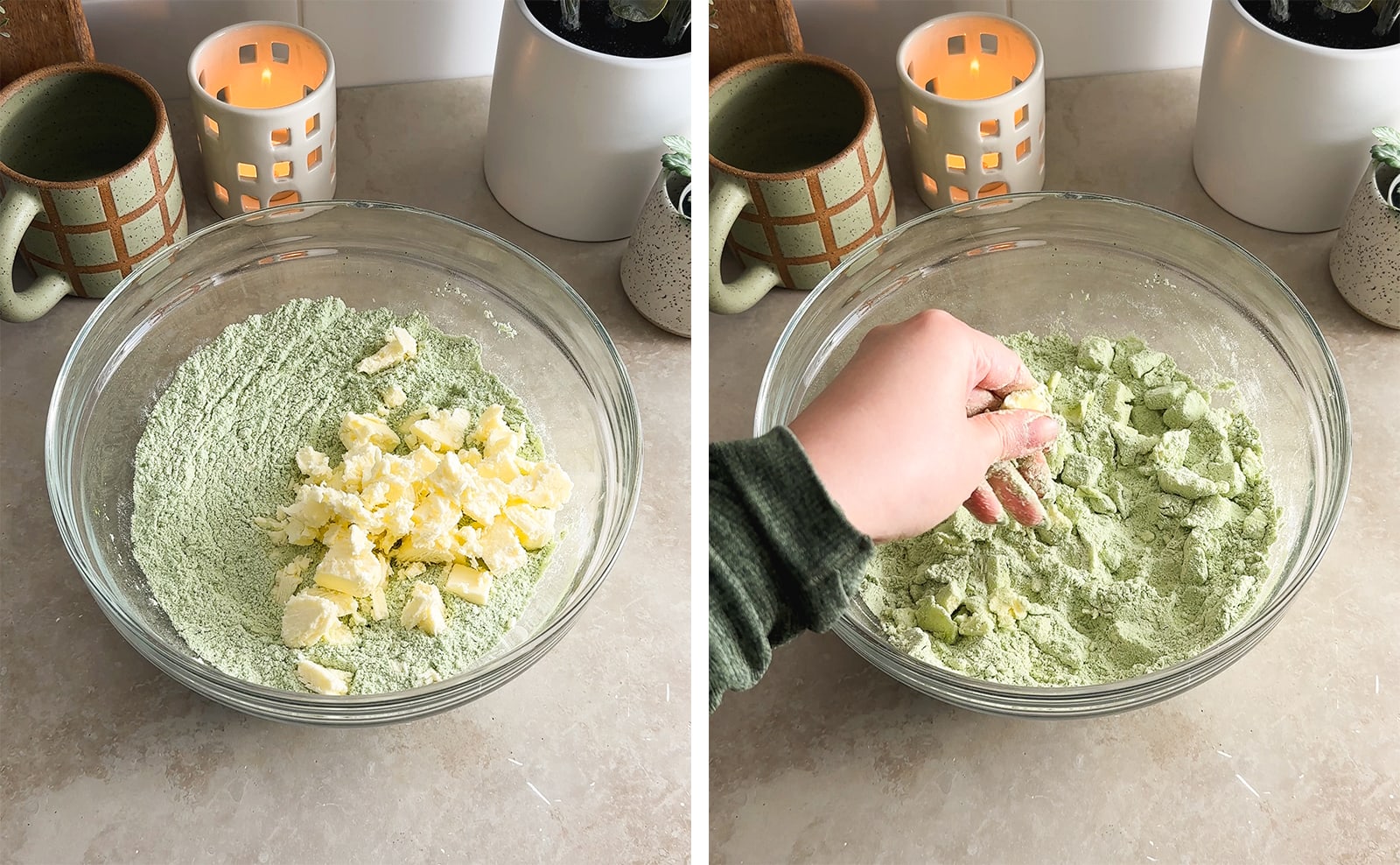 Left to right: cubes butter in a bowl of flour mixture, hand pressing butter pieces in between fingers.