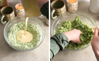 Left to right: pouring wet mixture into a bowl of flour, hand mixing dough together in a bowl.
