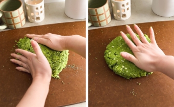 Left to right: hands pressing scone dough together, hand pressing down on dough to flatten it.
