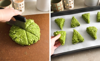 Left to right: cutting dough into wedges with a bench scraper, hand placing a wedge of scone dough on a baking sheet.