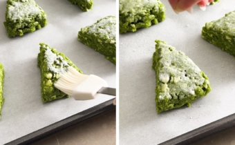 Left to right: brushing a scone with heavy cream, sprinkling a scone with coarse sugar.