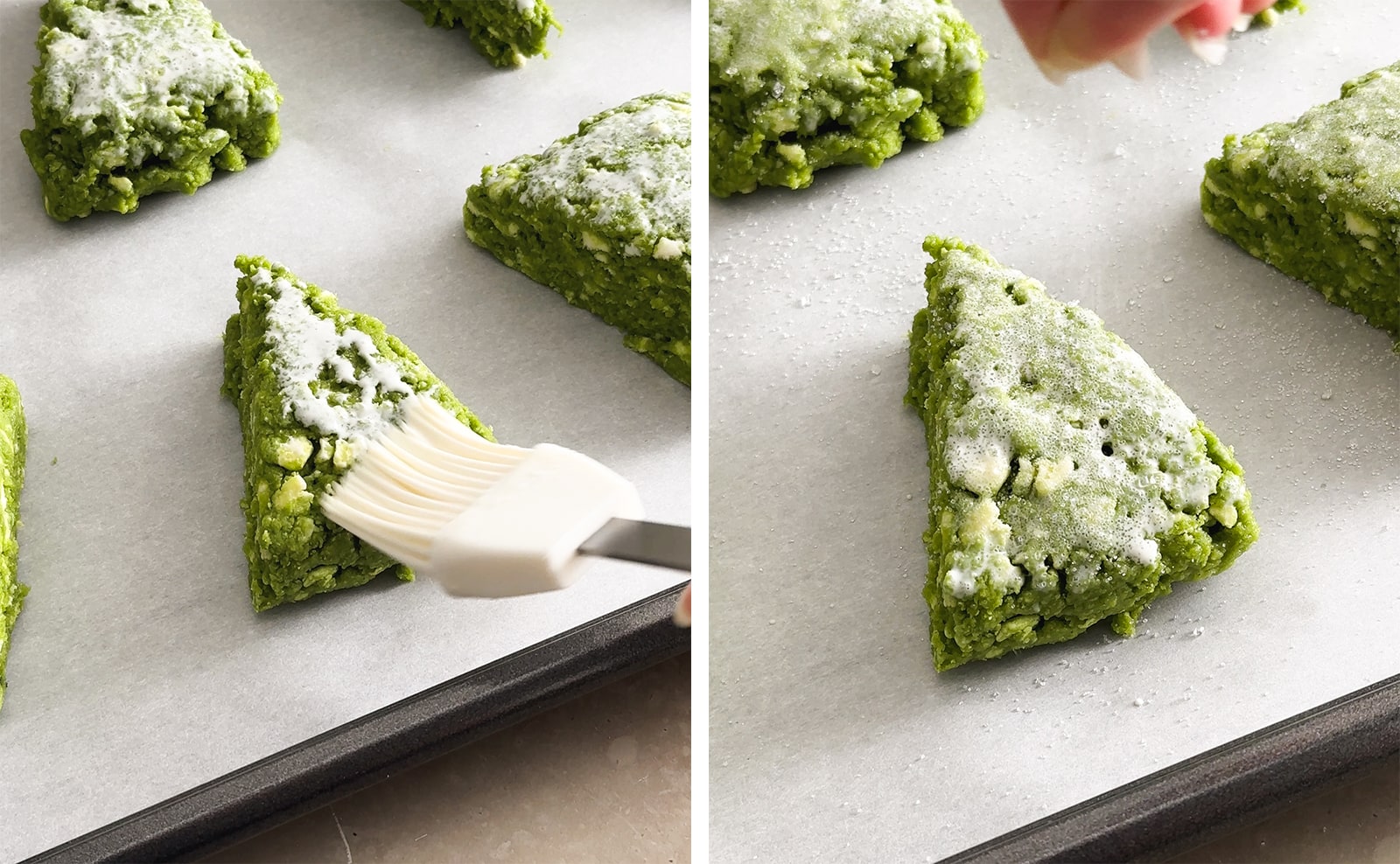 Left to right: brushing a scone with heavy cream, sprinkling a scone with coarse sugar.