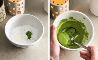 Left to right: icing ingredients in a bowl, mixing matcha icing in a bowl with a spoon.