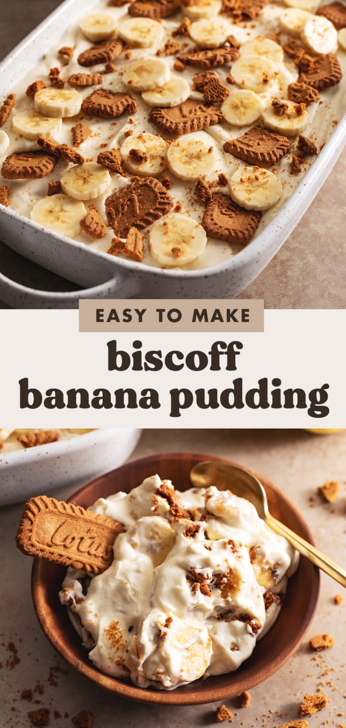 Two images of biscoff banana pudding with a text overlay that reads "easy to make biscoff banana pudding".