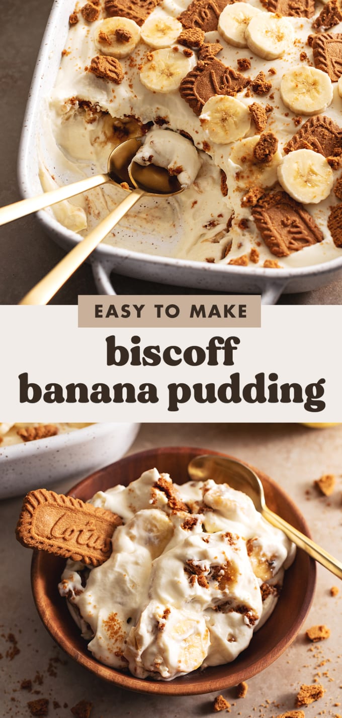 Two images of biscoff banana pudding with a text overlay that reads "easy to make biscoff banana pudding".