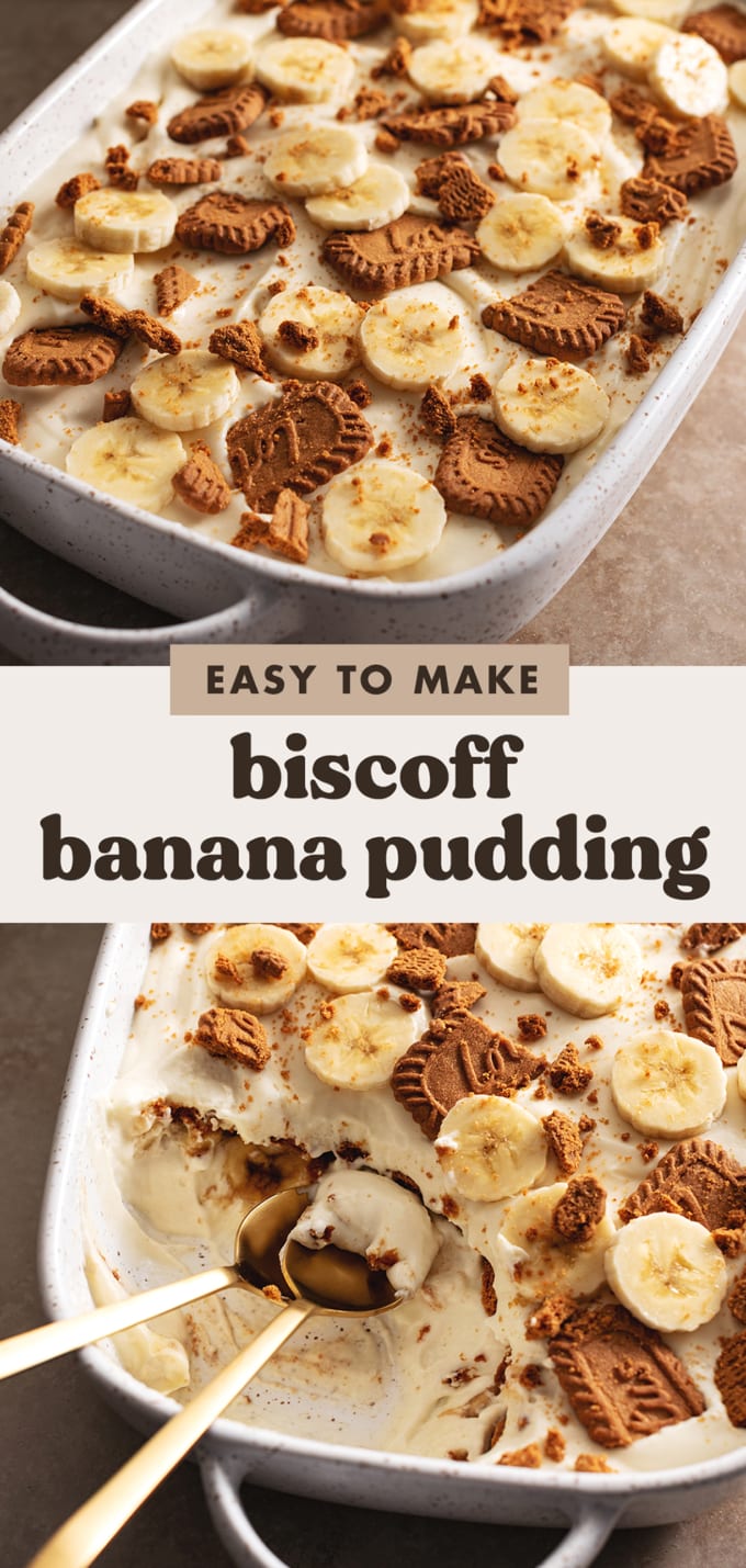 Two images of biscoff banana pudding with a text overlay that reads "easy to make biscoff banana pudding".
