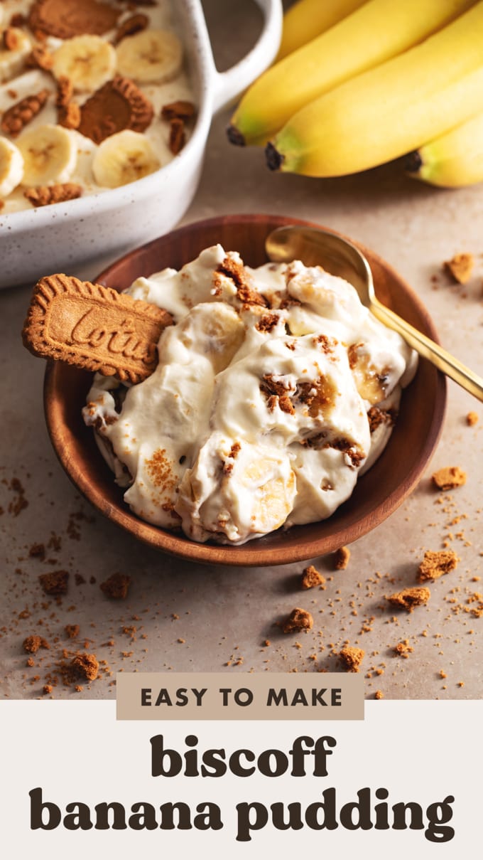 A wooden bowl filled with a serving of biscoff banana pudding with a biscoff cookie sticking out of the side.