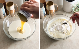 Left to right: pouring a can of condensed milk into a bowl of milk, stirring pudding mix into a bowl of milk.