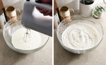 Left to right: whipping cream with a hand mixer, whipped cream in a bowl.