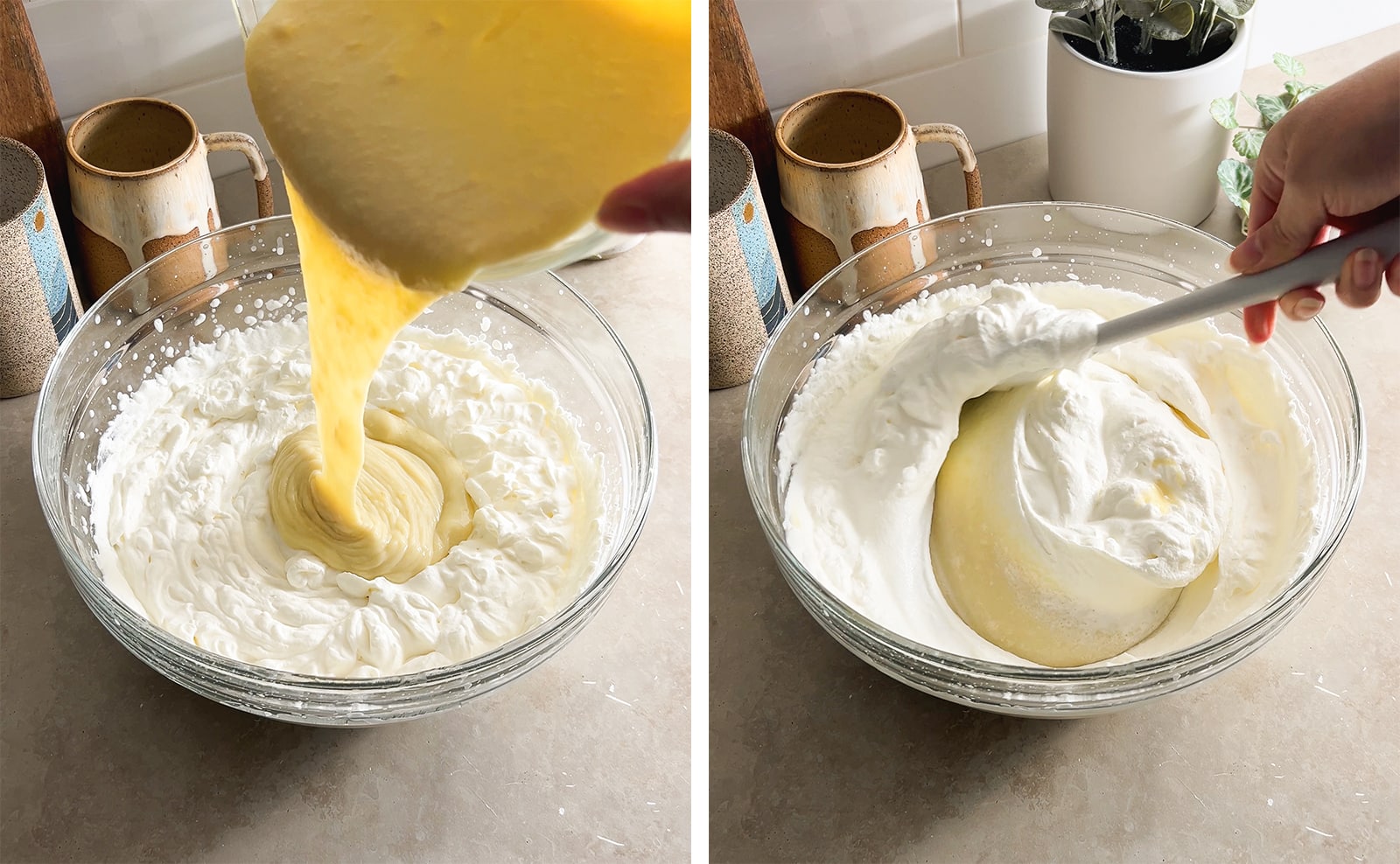 Left to right: pouring pudding into a bowl of whipped cream, folding pudding and whipped cream together with a spatula.