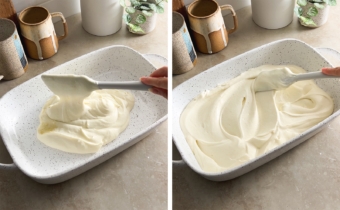 Left to right: dropping pudding into a serving dish from a spatula, smoothing pudding out into an even layer with a spatula.