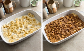 Left to right: a layer of banana slices on top of pudding layer, a layer of crumbled biscoff cookies on top of banana layer.
