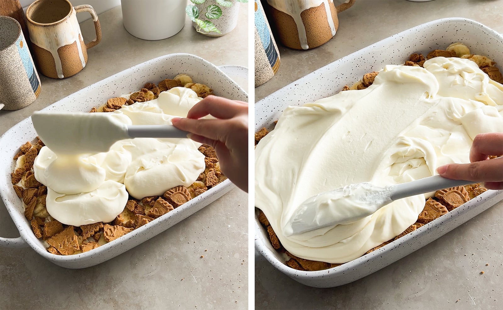 Left to right: dropping pudding mixture into dish from a spatula, spreading pudding across biscoff cookie layer with a spatula.