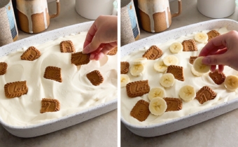 Left to right: hand placing half of a biscoff cookie on top of a dish of banana pudding, hand placing a banana slice on top of banana pudding.