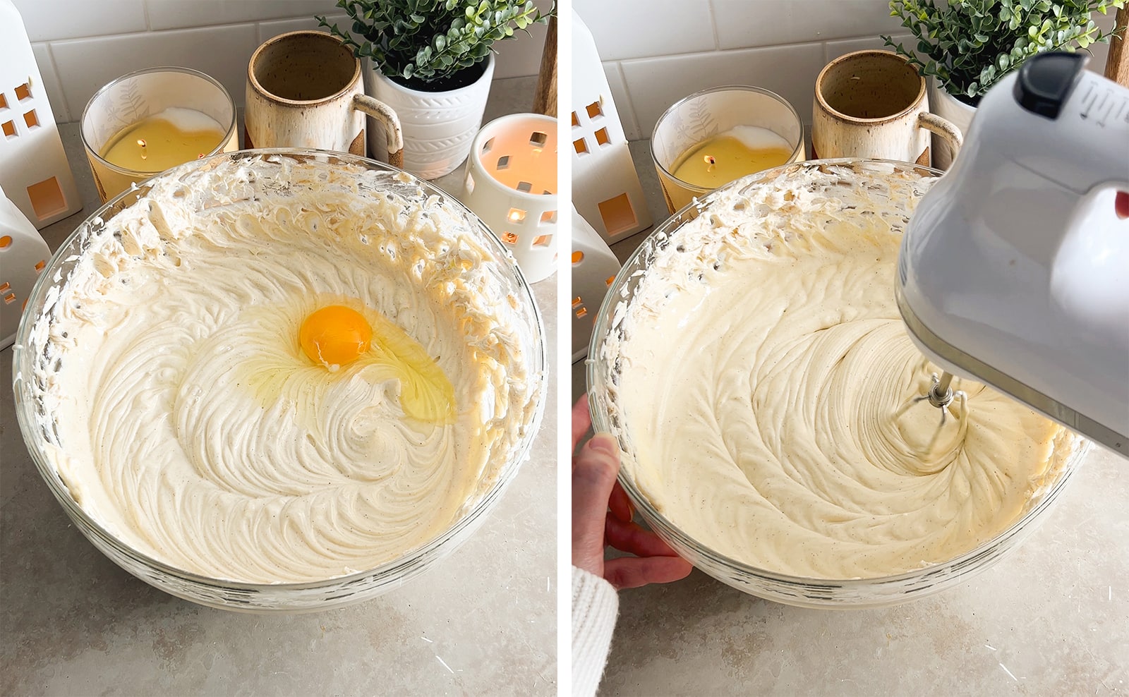 Left to right: an egg in a bowl of cheesecake batter, mixing cheesecake batter with a hand mixer.