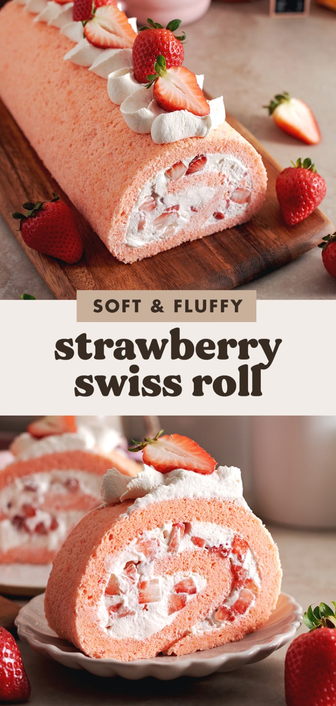 Two images of a strawberry swiss roll with a text overlay that reads "soft and fluffy strawberry swiss roll".