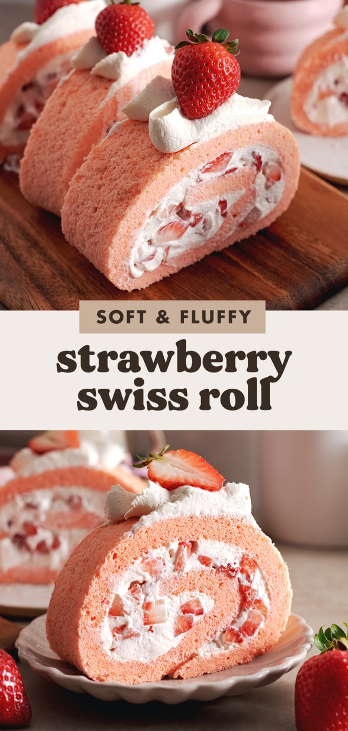 Two images of a strawberry swiss roll with a text overlay that reads "soft and fluffy strawberry swiss roll".