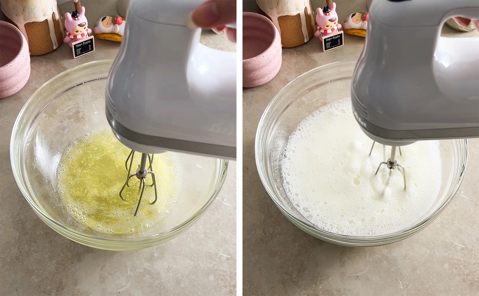 Left to right: egg whites in a mixing bowl, foamy egg whites in a mixing bowl.
