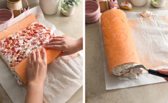 Left to right: hands rolling up cake roll, pushing whipped cream into the ends of a cake roll with a spatula.
