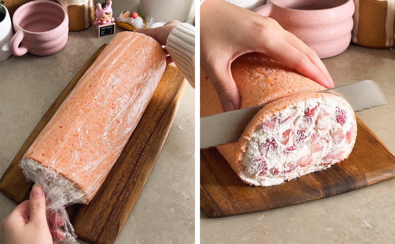 Left to right: hands unraveling plastic wrap from a chilled swiss roll, cutting off the end of a swiss roll with a knife.