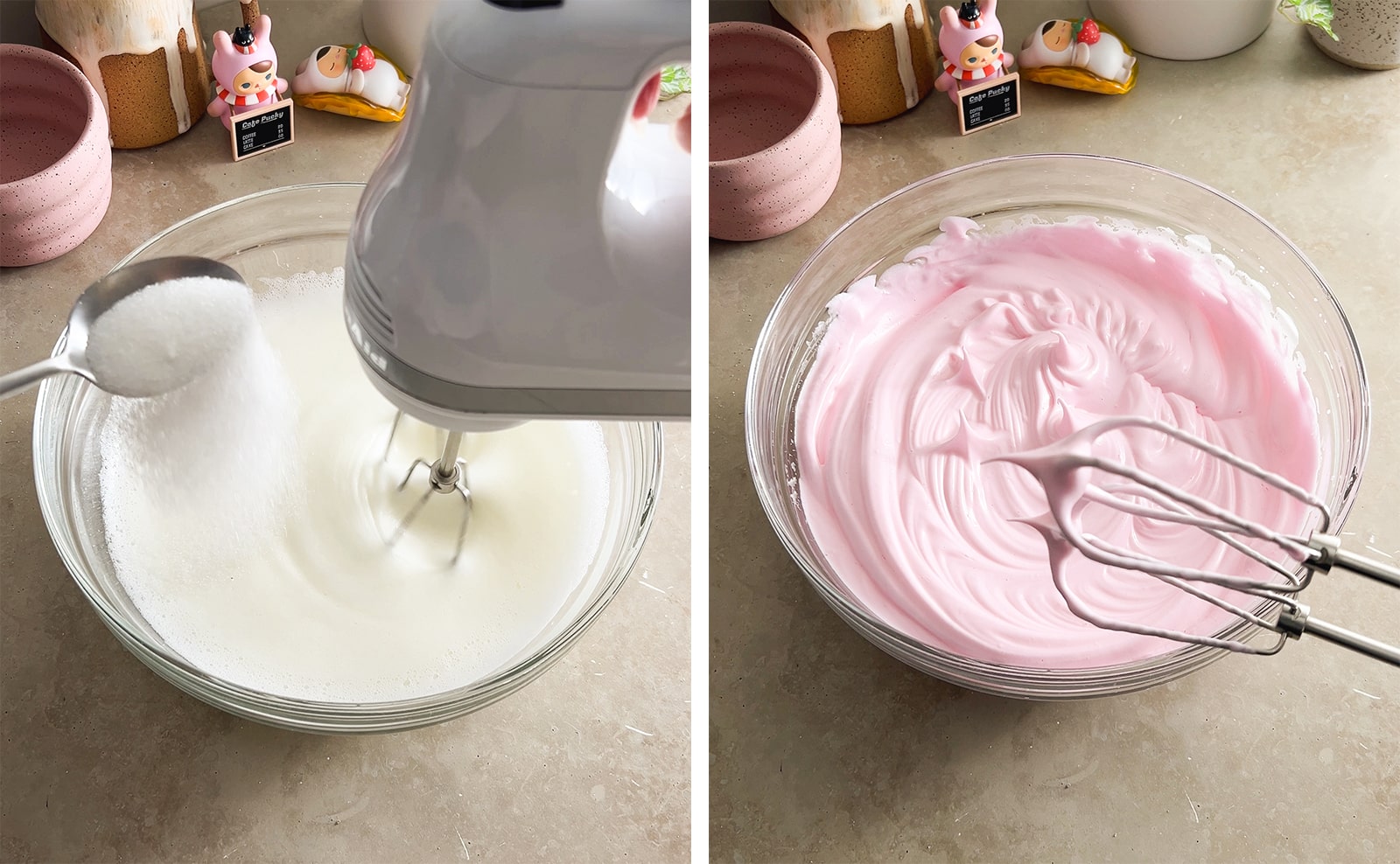 Left to right: sprinkling sugar into bowl of egg whites while beating with hand mixer, pink meringue with stiff peaks in a mixing bowl.