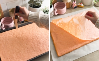 Left to right: running an offset spatula around the edge of baking tray, peeling parchment paper off of a cake sheet.