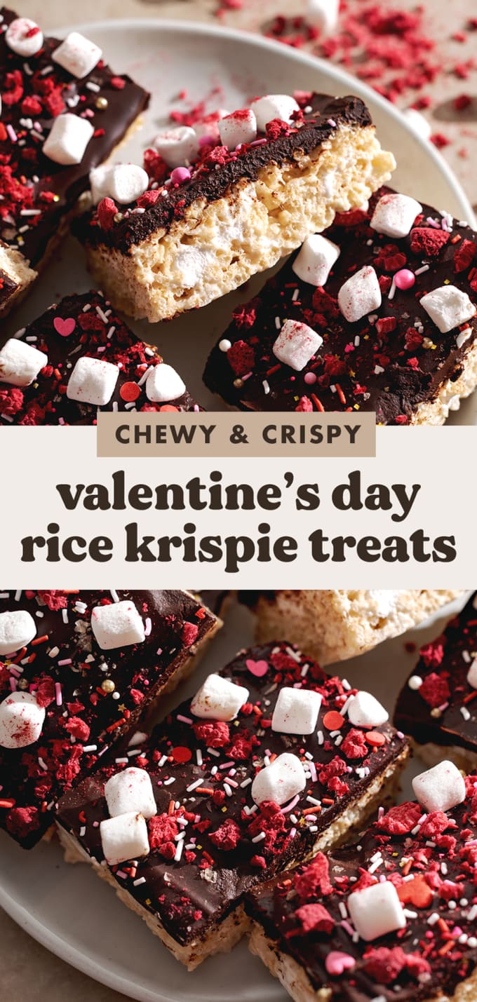 Two images of Valentine's Day rice krispie treats with a text overlay that reads "chewy and crispy valentine's day rice krispie treats".