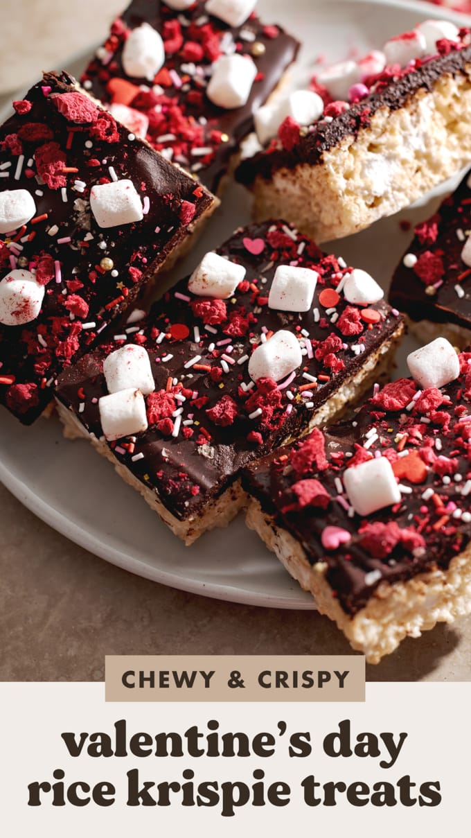 Rice krispie treats covered with chocolate ganache, sprinkles, freeze dried raspberries, and marshmallows.