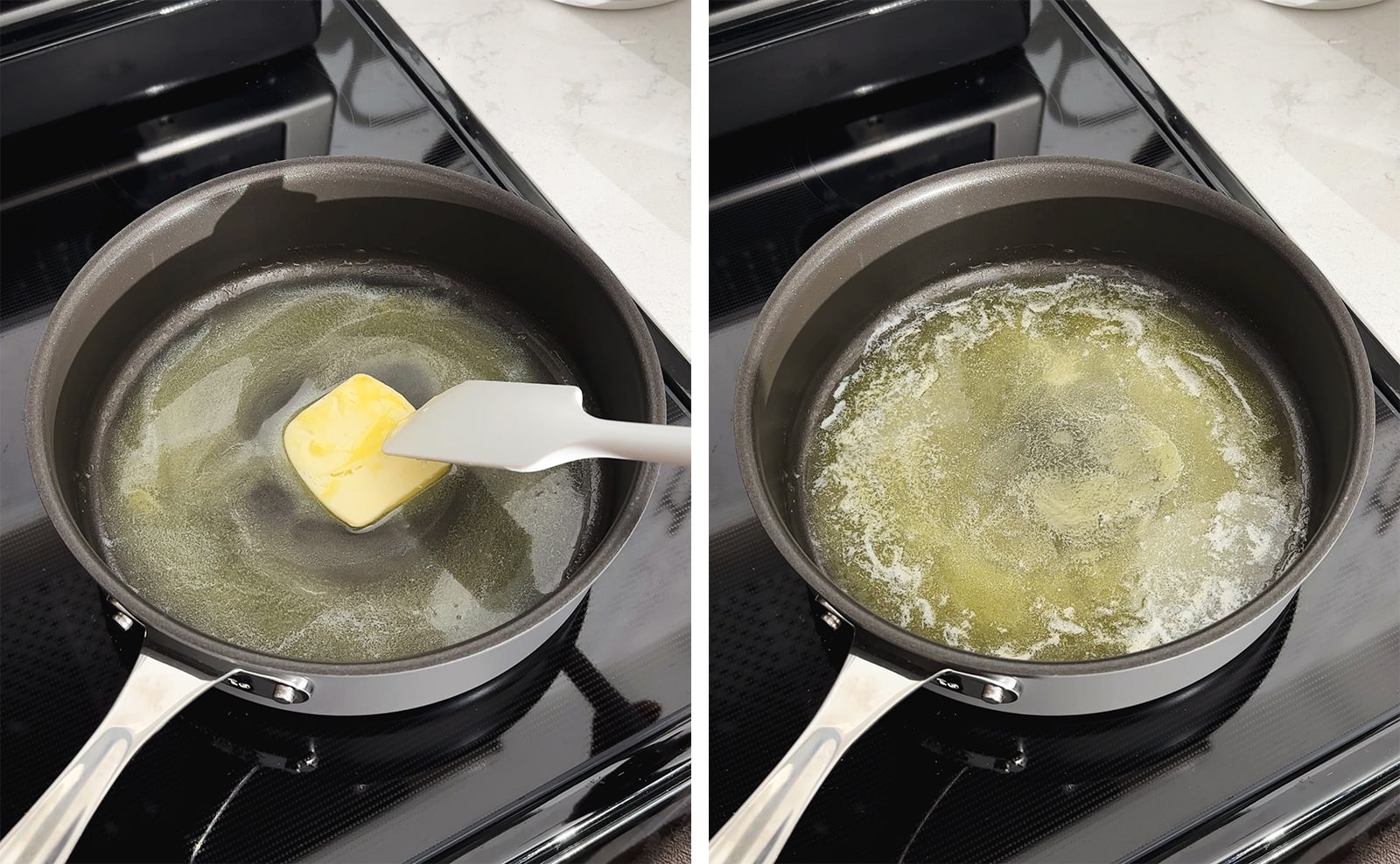 Left to right: a square of butter melting in a pan, melted butter in a pan.