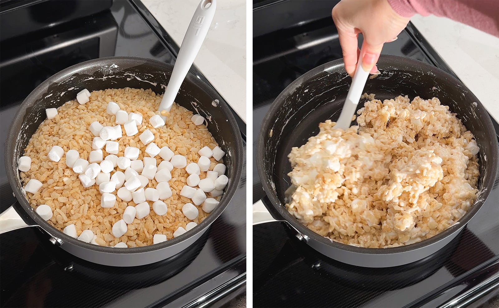 Left to right: rice krispies cereal and marshmallows in a pan, mixing rice krispies and melted marshmallows together in a pan with a spatula.