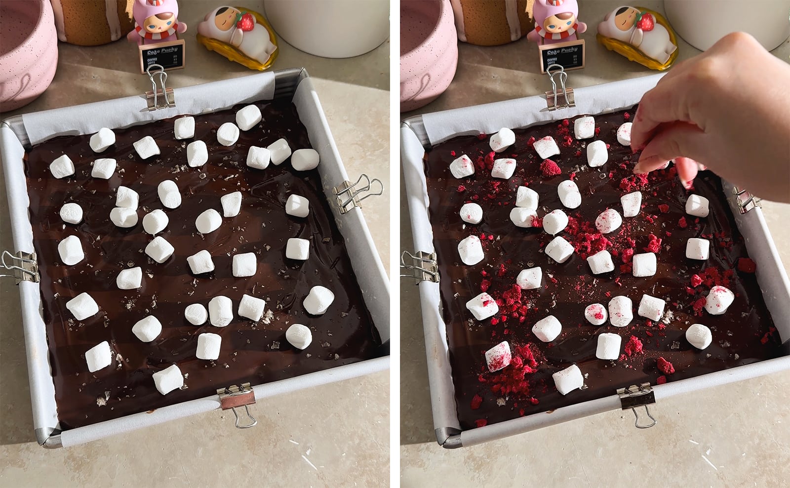 Left to right: mini marshmallows on top of ganache layer, hand sprinkling freeze-dried raspberries on top of ganache.