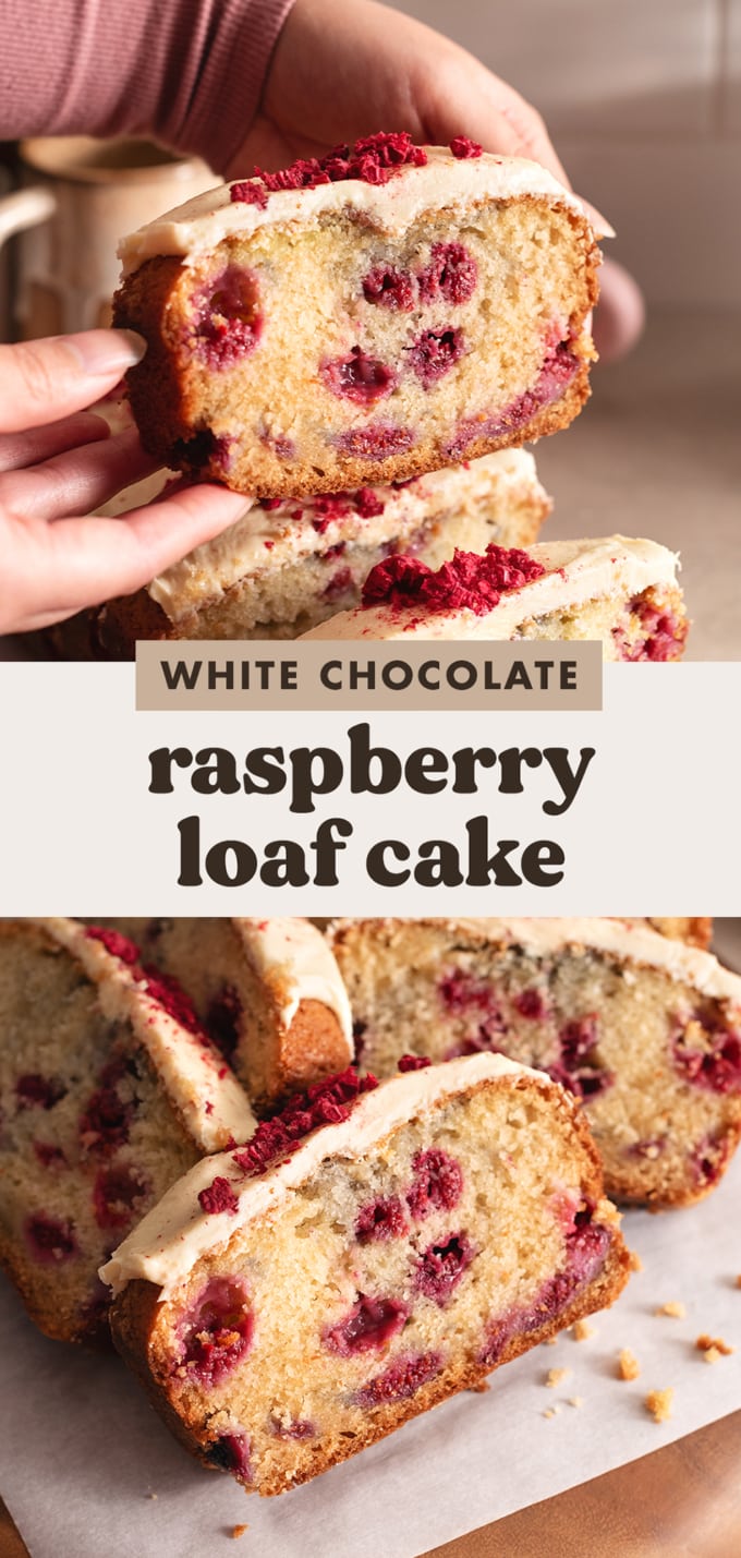 Two images of white chocolate raspberry loaf cake slices.