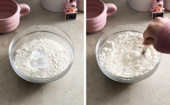 Left to right: dry ingredients in a bowl, stirring dry ingredients together in a bowl.