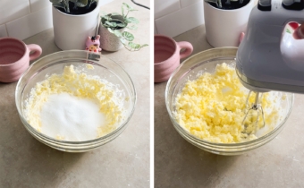 Left to right: sugar and butter in a mixing bowl, creaming butter and sugar with a hand mixer.
