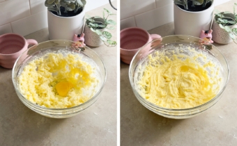 Left to right: an egg in a bowl of creamed butter and sugar, mixed cake batter in a bowl.