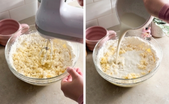 Left to right: mixing flour into batter with a hand mixer, pouring milk into bowl of half-mixed batter.
