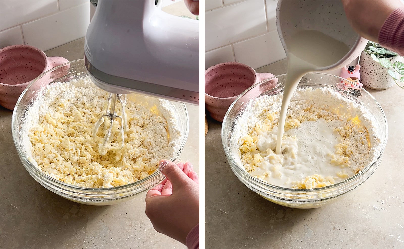 Left to right: mixing flour into batter with a hand mixer, pouring milk into bowl of half-mixed batter.