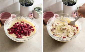 Left to right: a pile of raspberries on top of cake batter in a bowl, folding raspberries into cake batter with a spatula.