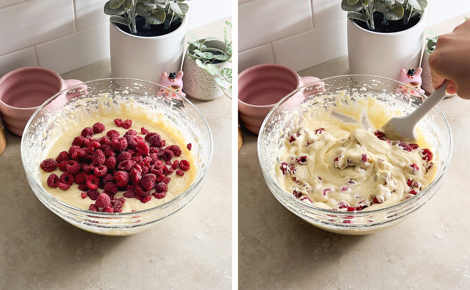 Left to right: a pile of raspberries on top of cake batter in a bowl, folding raspberries into cake batter with a spatula.