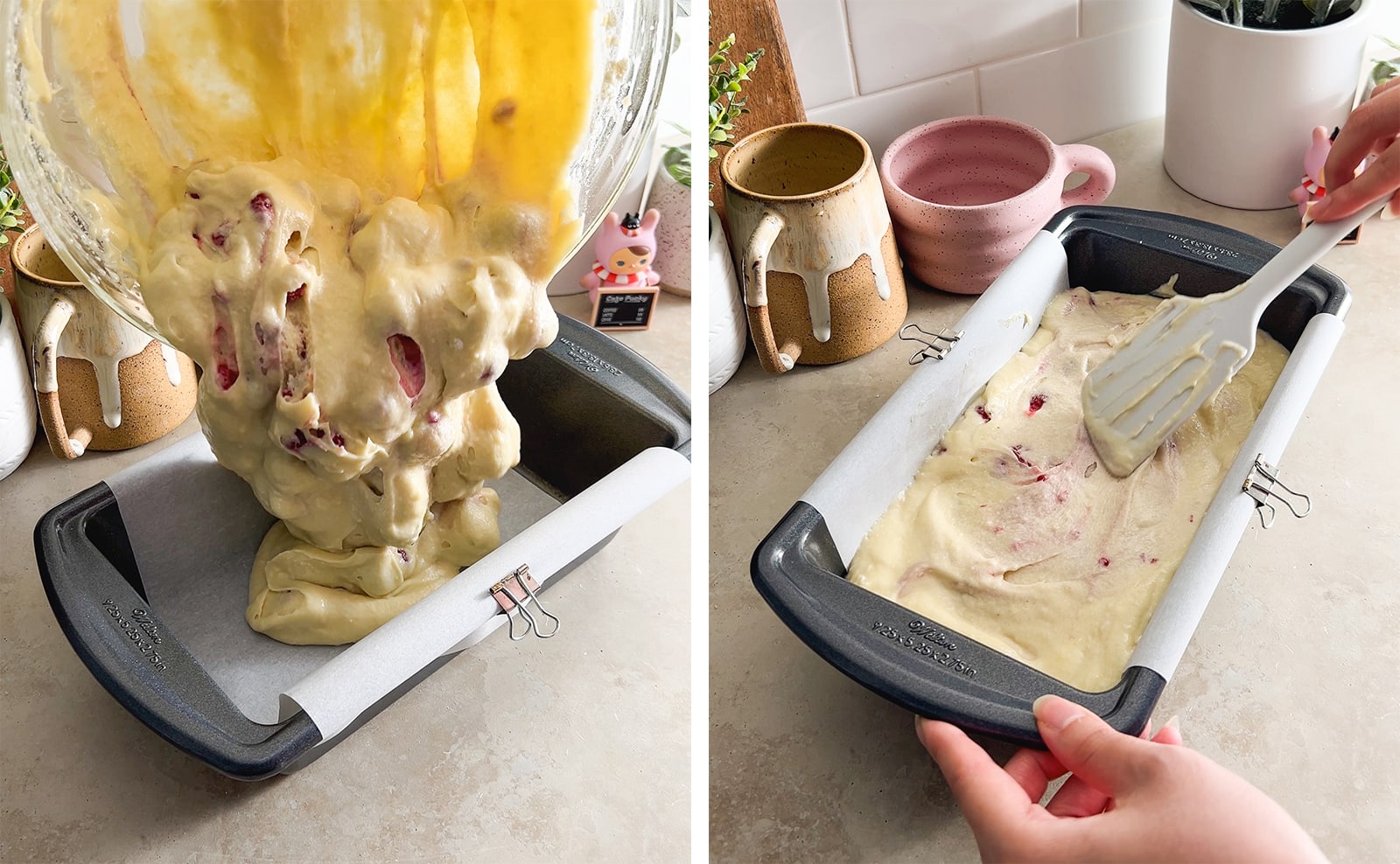 Left to right: pouring raspberry cake batter into a loaf pan, smoothing cake batter in a loaf pan with a spatula.