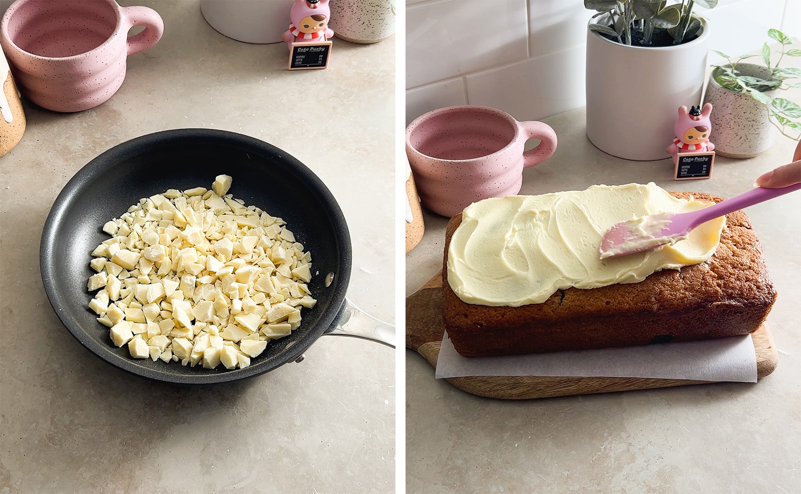 Left to right: white chocolate chunks in a pan, spreading melted white chocolate on top of loaf cake.