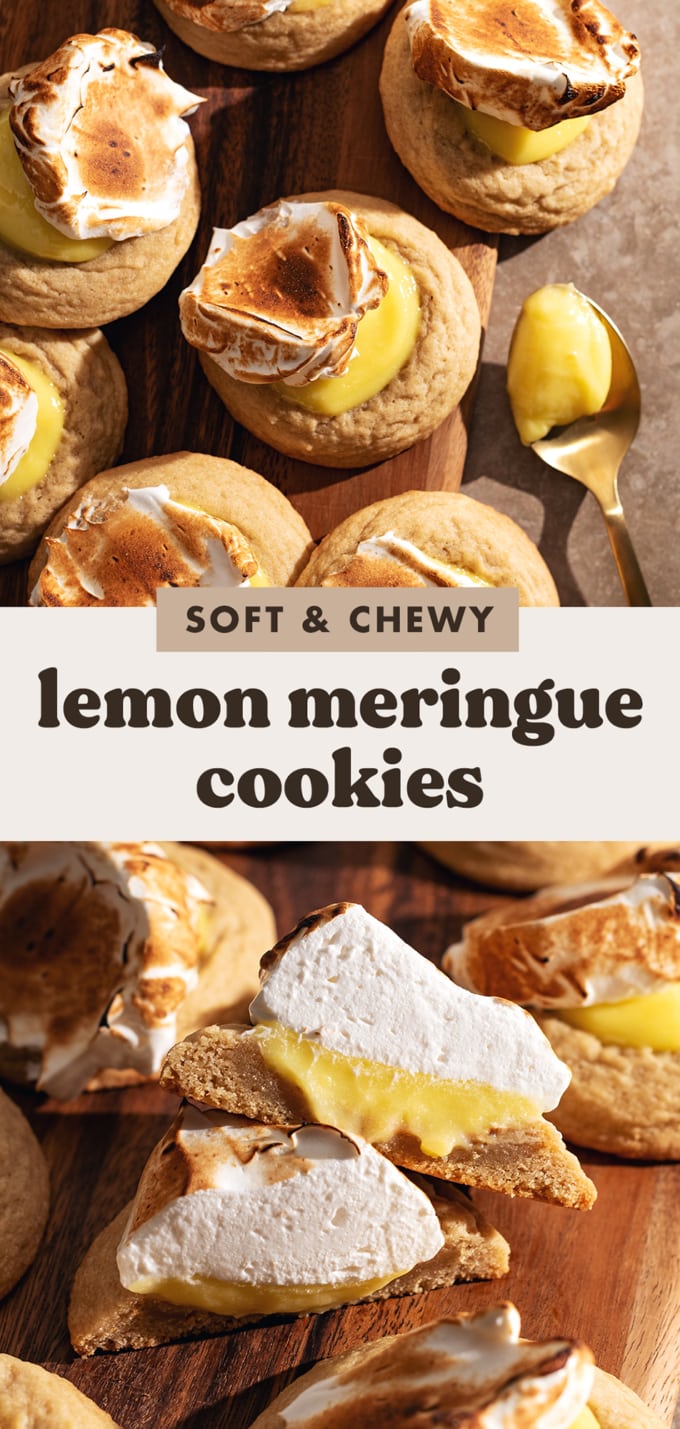 Two images of lemon meringue cookies with a text overlay that says "soft and chewy lemon meringue cookies".