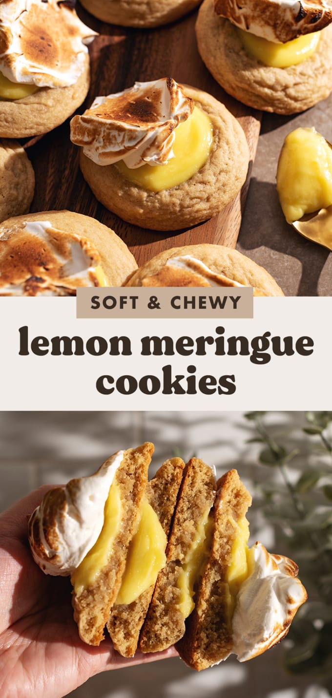 Two images of lemon meringue cookies with a text overlay that says "soft and chewy lemon meringue cookies".