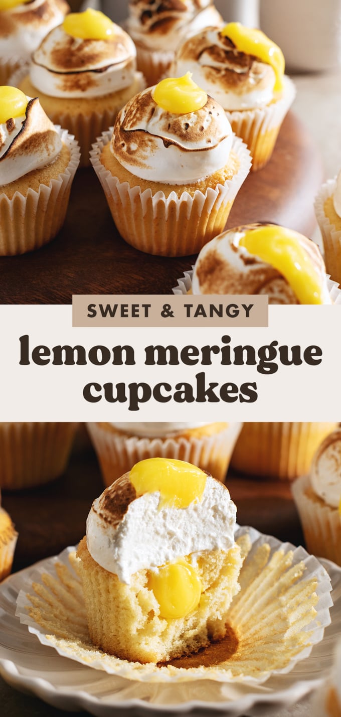 Two images of lemon meringue cupcakes with a text overlay that reads "sweet and tangy lemon meringue cupcakes".